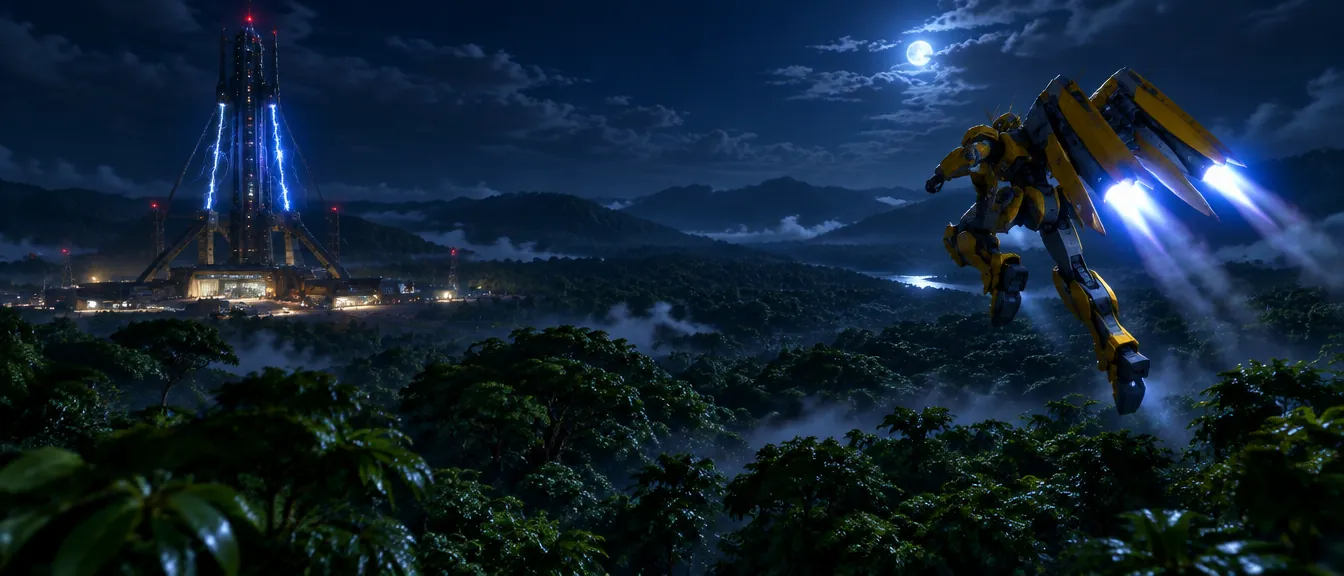 Kanopi hutan hujan malam dilihat dari atas pucuk pohon: Menara Relai Kavak memercikkan busur listrik biru di kiri, Wing Frame kuning melompat-terbang di kanan dengan pendorong menyala.
