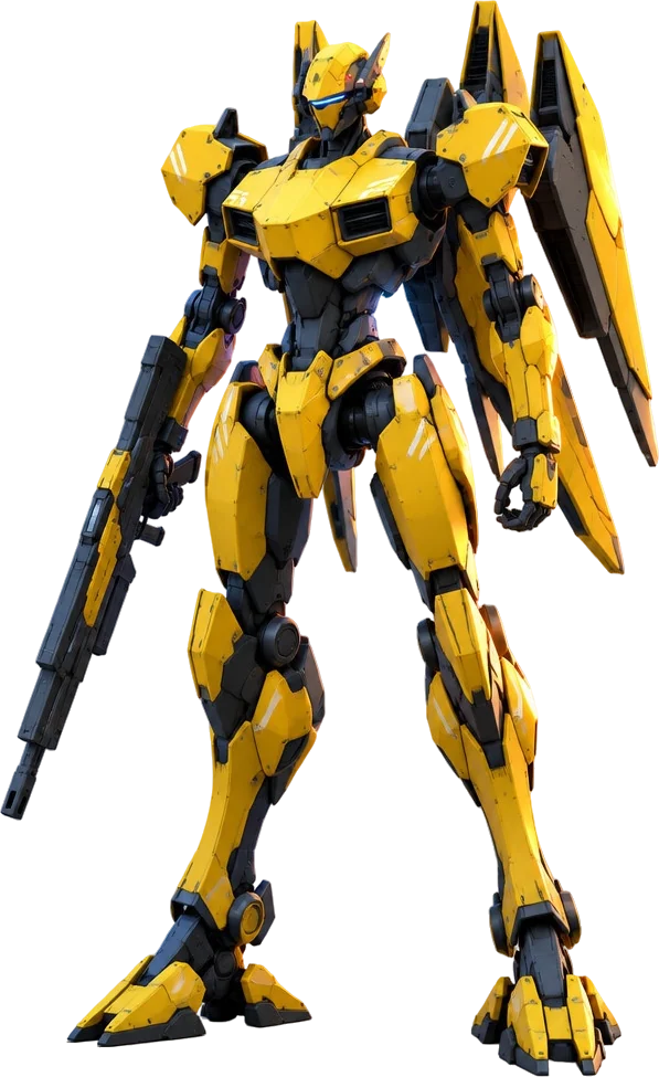 Wing Frame Saker milik Defne Aydın, mecha kuning bersirip sayap, berdiri di lantai hanggar yang basah di depan celah pintu yang bercahaya.
